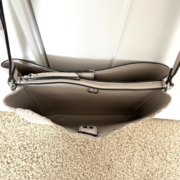 Nanette Lepore Scalloped Edge Studded Pebbled Grey Adjustable Strap Zipper Purse - Picture 4 of 16